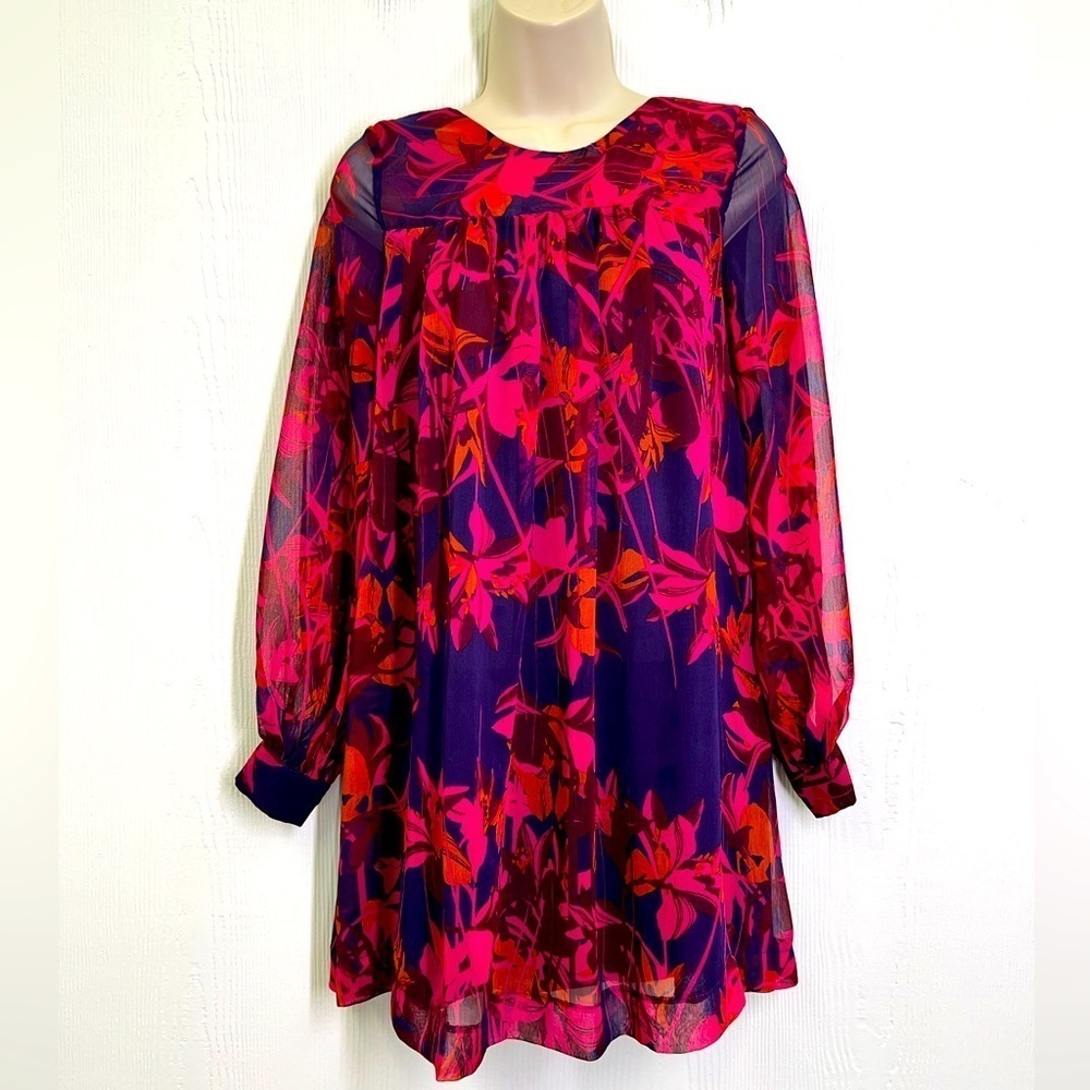 H&M - Bright Floral Sheer Lined Long Sleeve Lightweight Fun Mini Dress Size 2